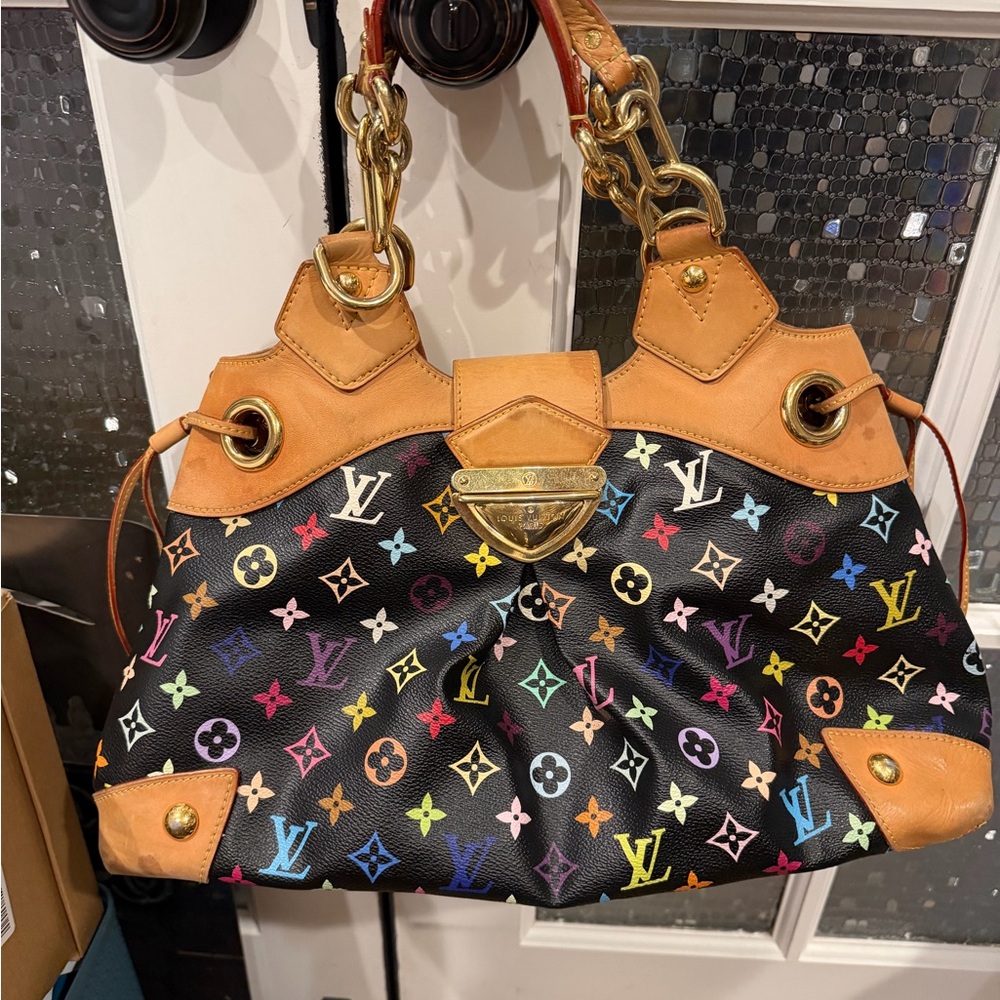 Louis Vuitton Ursula Black Murakami Shoulder Bag with Tan Leather Trim